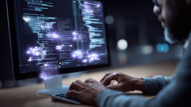 Programmer Working Late at Night on Complex Code with Digital Data Visualizations on Screen
