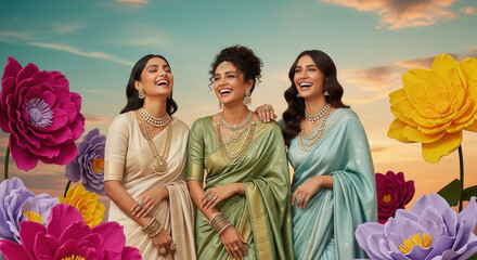 Fototapeta premium young indian female group wearing traditional sari and jwelery standing together