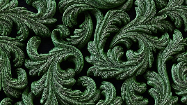 Ornate green carved acanthus leaf pattern with deep shadows on a dark black background