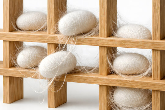 Natural white silkworm cocoons nested in a traditional wooden grid. Concept for silk production, textile industry, raw organic materials, and sustainable sericulture farming.