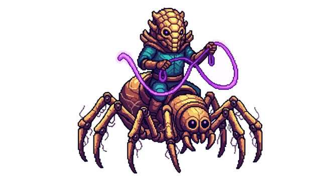 Alien creature riding a giant spider with a lasso.
