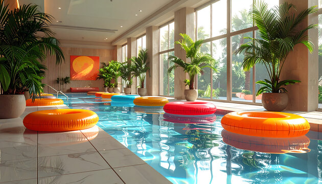 Indoor Swimming Pool with Colorful Inflatable Rings and Lush Green Plants.