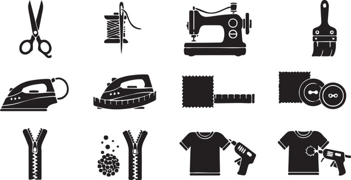Tailoring and sewing icons set, black silhouette garment repair tools, professional dressmaking equipment collection, 12 vector craft symbols for fashion design