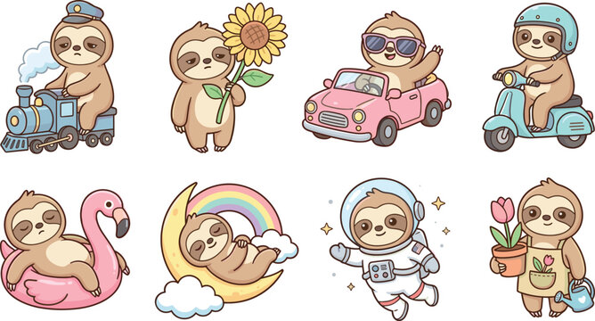Cute sloth character set driving train car scooter floating on flamingo sleeping on moon astronaut gardening for nursery kids education school travel vector illustration collection design stickers.