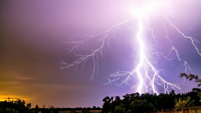 A powerful lightning strike illuminates the stormy night sky with bright flashes