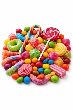 Assorted colorful candies and sweets with lollipop gummy candy cane and jelly treats isolated on white background