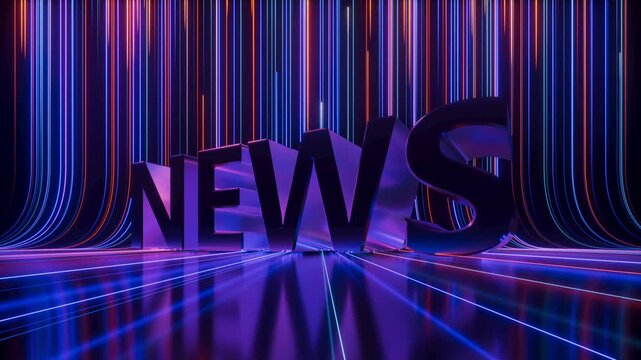 Colorful neon light streaks flying vertically past NEWS text in a dark 3D space. Pink, blue, and orange glowing lines. Dynamic motion graphic for broadcast, media, and news design.