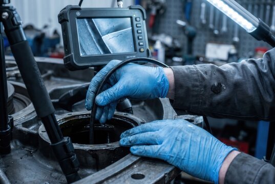 technician inserting borescope into turbine blade housing screen monitor crack inspection
