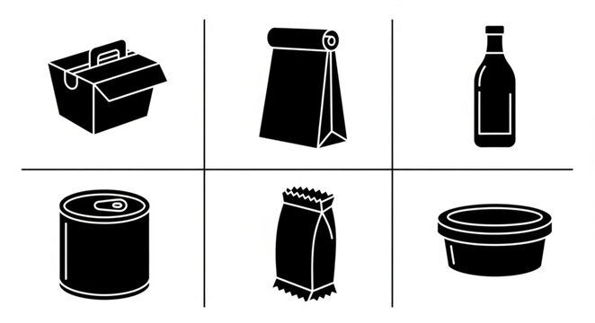 Six black and white kitchen items.