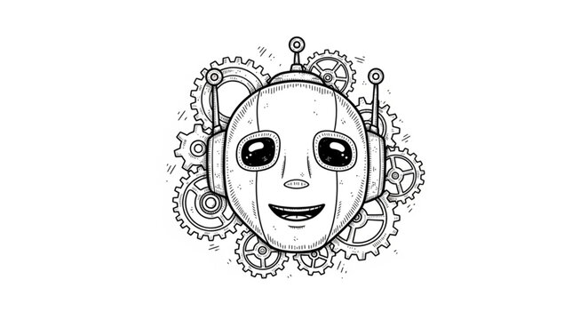 Steampunk robot head with gears illustration.