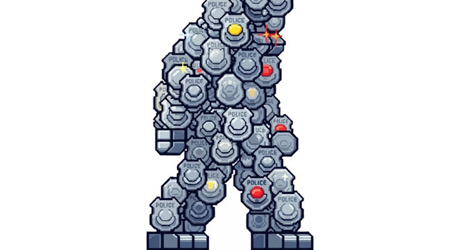 A large figure composed entirely of police badges walking.
