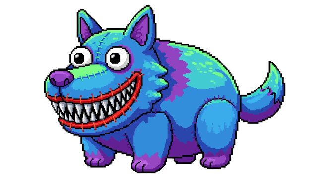 A pixel art cartoon monster dog with blue and purple colors.