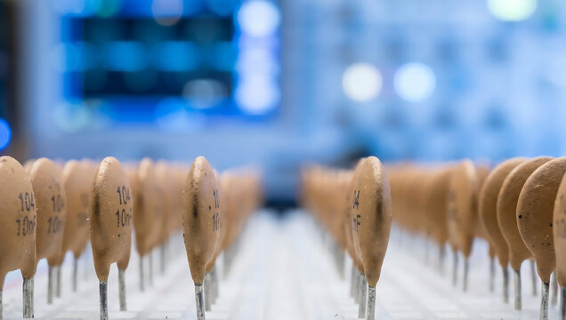 Macro of Row of Beige Ceramic Capacitors with Blue Laboratory Bokeh and Space