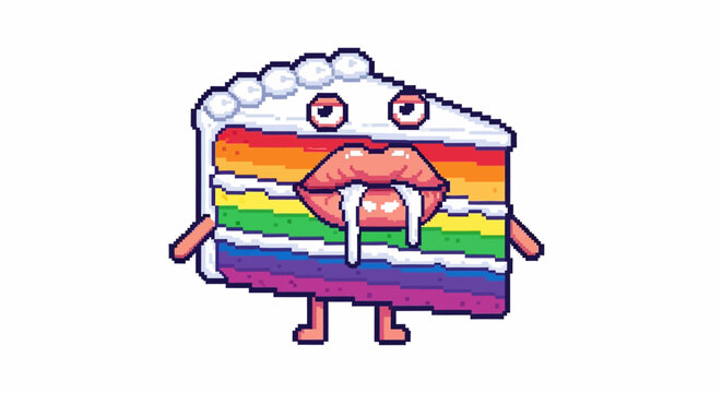 A pixel art slice of rainbow cake with a face.