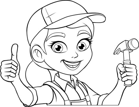 A woman female carpenter holding a hammer tool builder construction cartoon character mascot.