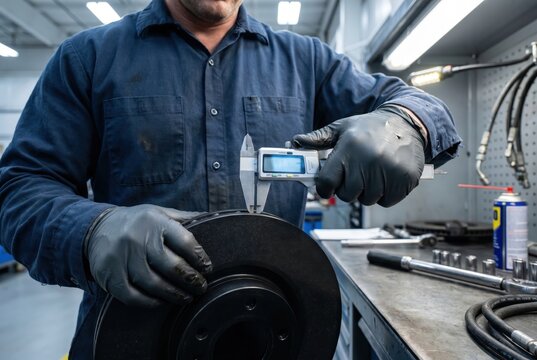 technician measuring brake rotor with digital calipers in workshop heat-stack inspection