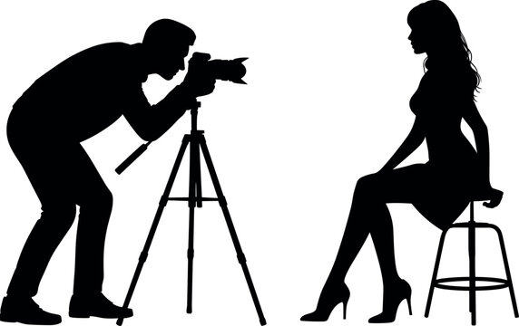 Silhouette illustration of a professional male photographer with camera on tripod shooting a posing female model sitting on a stool