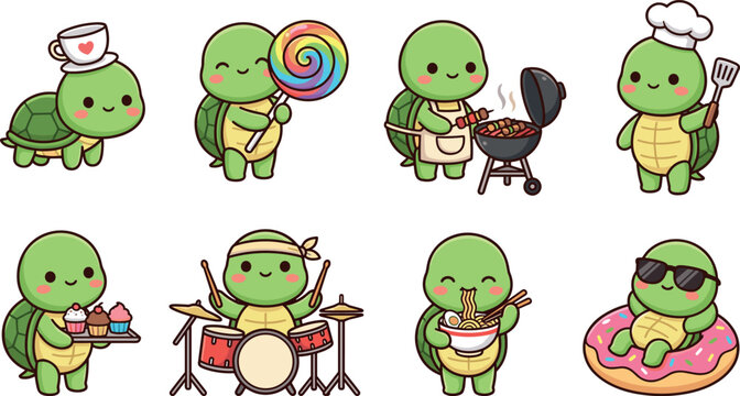 Cute turtle character set with coffee lollipop bbq chef drums ramen cupcake and summer donut float for kids menu music nursery vector illustration collection design stickers.