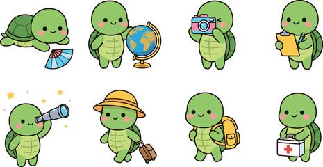 Obraz premium Cute turtle character set with globe camera clipboard telescope suitcase and medical kit for travel education healthcare nursery kids professional vector illustration collection icons design stickers.