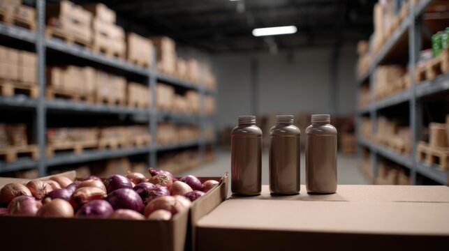 Three brown bottles stand on cardboard boxes in a warehouse aisle filled with stacked shelves and a crate of onions in the foreground.