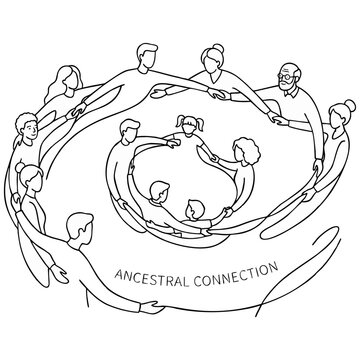 Diverse family members join hands in a continuous spiral line art illustration representing their strong and lasting ancestral connection bond