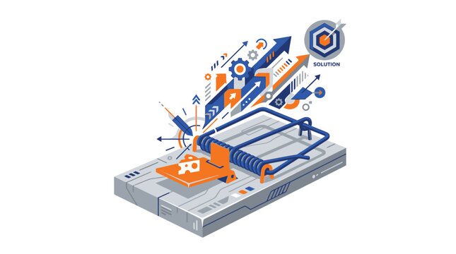 Isometric Illustration of a Mousetrap with Cheese and Growth Arrows Representing Business Risk Management and Creative Solutions