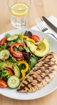 Grilled chicken breast salad with fresh avocado cucumber tomato and colorful bell peppers on a plate with a glass of water