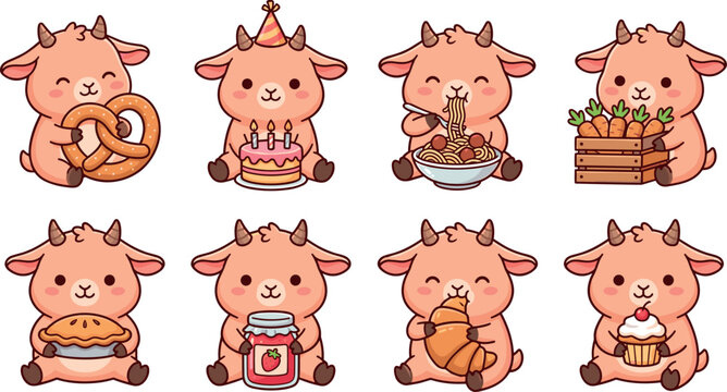 Cute goat character set eating cake ramen carrot pretzel pie jam croissant cupcake for bakery cafe kids menu food snack vector illustration collection nursery school design.
