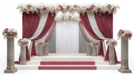 Naklejka premium Elegant Wedding Altar Arch Decorated with Red and White Drapes, Flowers, and Columns