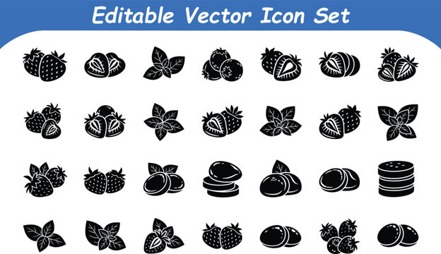 Collection of berry and leaf silhouette icons featuring strawberries raspberries and blackberries