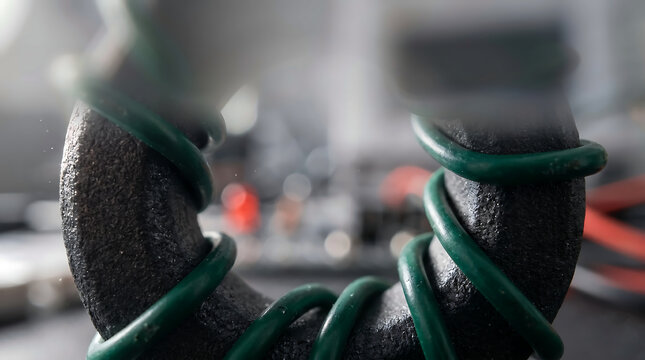 Macro of Toroidal Inductor with Green Wire and Toroid Core with Lab Bokeh