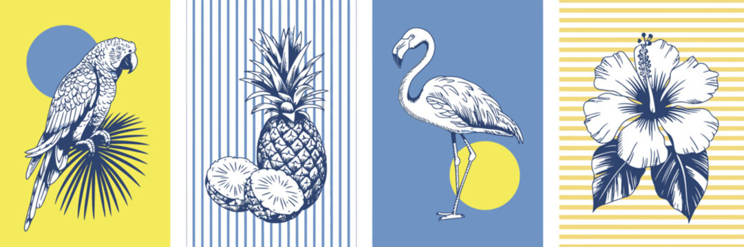 Vintage Tropical Exotic Banner Set, Parrot and Toucan with Tropical Leaves and Hibiscus, Hand Drawn Sketch Vector Illustration for Coffee Shop, Restaurant, Food Packaging and Event Decor