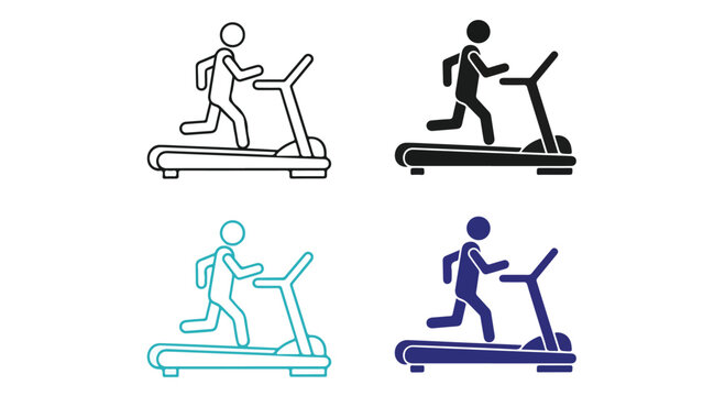 Set of four colorful line art illustrations of people running on treadmills and using elliptical trainers for fitness