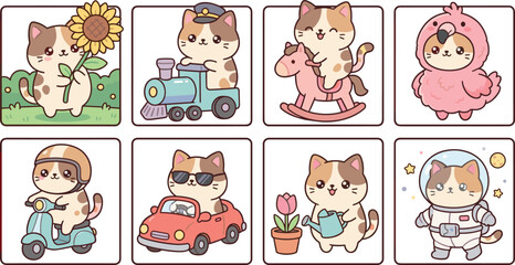 Obraz premium Cute cat character set driving car train scooter wearing astronaut flamingo costume gardening with flower for kids nursery education transport travel vector illustration collection design stickers.