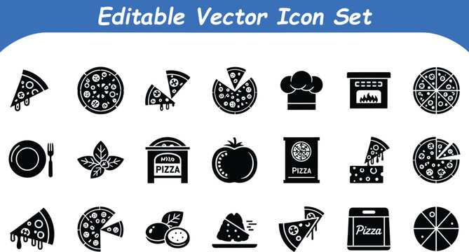 Pizza and italian food icons set slices whole pie ingredients oven chef hat silhouettes