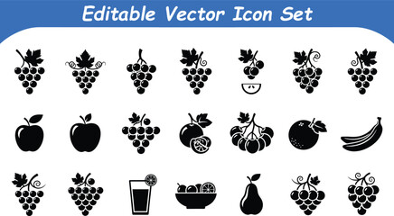 Fresh fruit and healthy food icons set grapes apples bananas juice bowl silhouettes with nutrition © graphicsobai