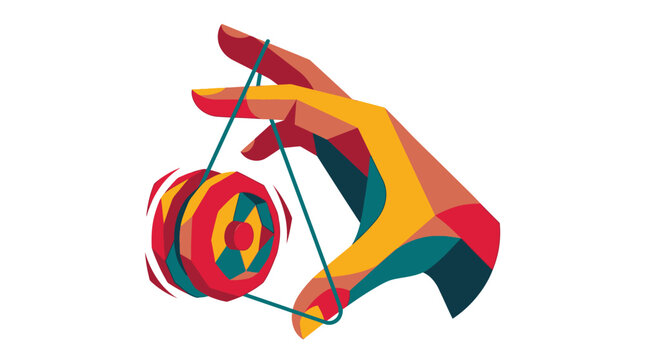 Stylized Geometric Pop Art Illustration of a Hand Playing with a Colorful YoYo Isolated on White