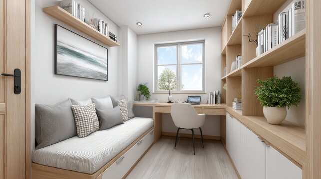 Cozy home office with built-in window bench and extensive shelving for books and supplies