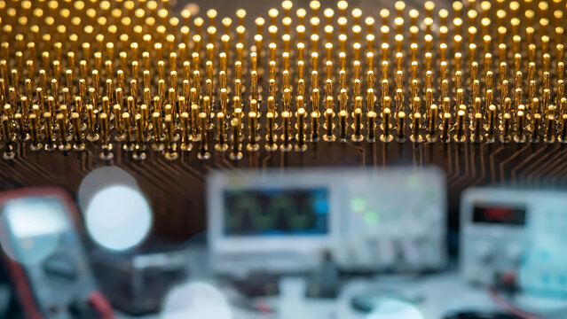 Aerial Perspective of Gold CPU Socket Pins in Motherboard with Lab Bokeh