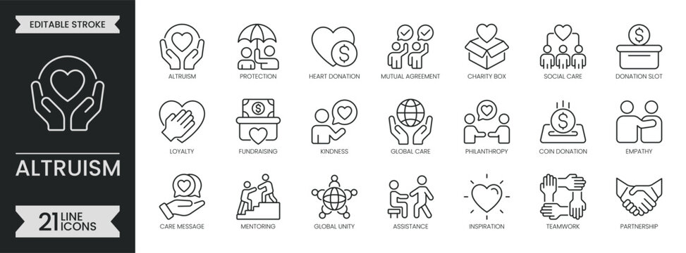 Altruism outline icon set. Containing charity, donation, philanthropy, volunteering, support, care, help, unity, kindness, empathy, humanity and more. Editable stroke icons pack. Vector illustration