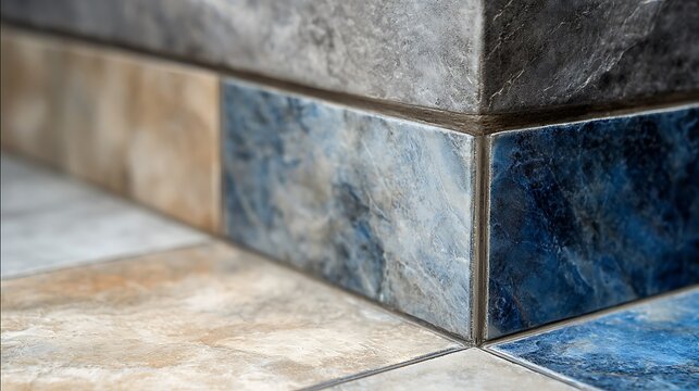Modern ceramic tile corner installation with metal trim detail.