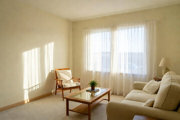 Fototapeta premium A living room with a chair, sofa, and natural light.