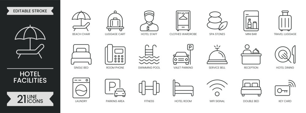 Hotel facilities outline icon set. Containing hospitality, travel, tourism, service, amenities, lodging, resort, vacation, booking, transport and more. Editable stroke icons pack. Vector illustration