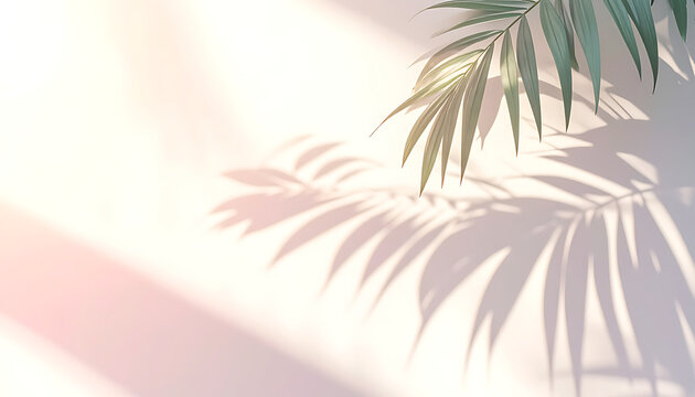 Palm leaf shadow cast on a softly lit wall, evoking a serene, tropical atmosphere with warm sunlight and gentle gradients, perfect for wellness or travel themes