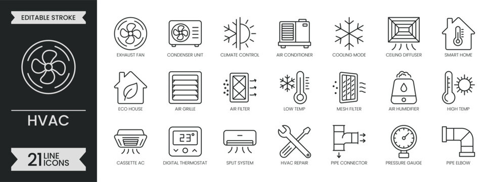 HVAC outline icon set. Containing air conditioning, ventilation, heating, climate, cooling, temperature, fan, filter, duct, thermostat, home and more. Editable stroke icons pack. Vector illustration