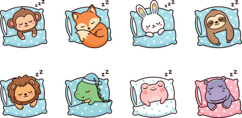 Fototapeta premium Cute animal character set sleeping on pillows featuring monkey fox rabbit sloth lion dinosaur frog hippo for nursery kids bed time sleep lifestyle vector illustration collection design.
