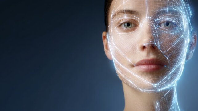 Futuristic facial recognition technology concept with digital grid on woman?s face