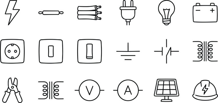 electricity electrical power energy voltage current circuit battery plug cable wire socket switch bulb transformer resistor symbols equipment engineering tools on transparent background