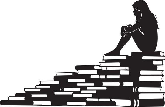 Silhouette woman sitting on stack of books, reading, bookworm, literary icon, black and white
