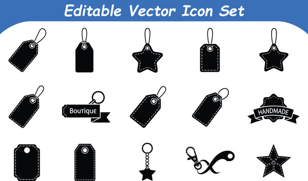 Retail and product identification icon set with various tags labels star keychains, keychain